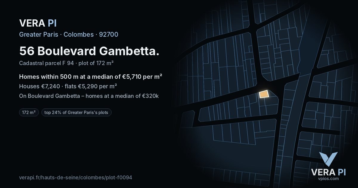 56 Boulevard Gambetta, Colombes at night – the plot lit, the parcels around coloured by the prices near them