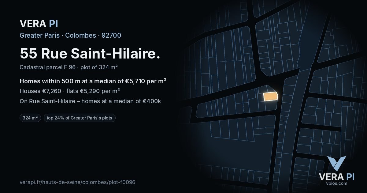 55 Rue Saint-Hilaire, Colombes at night – the plot lit, the parcels around coloured by the prices near them