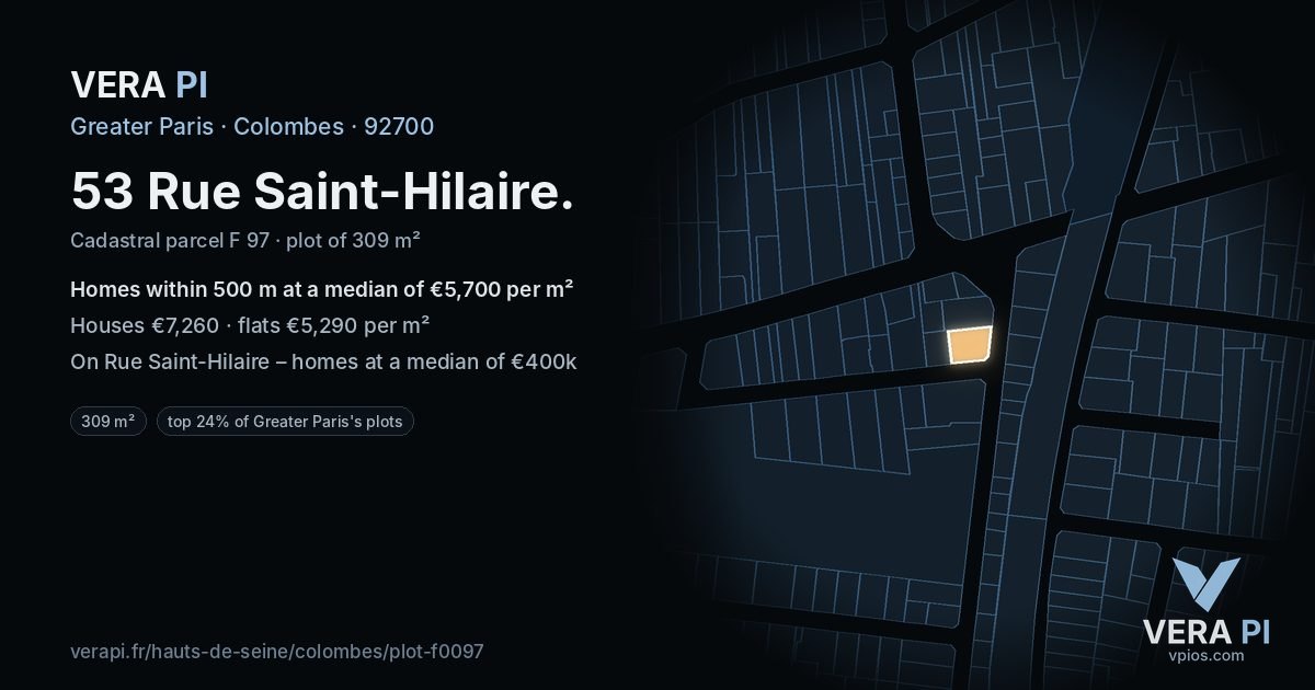 53 Rue Saint-Hilaire, Colombes at night – the plot lit, the parcels around coloured by the prices near them