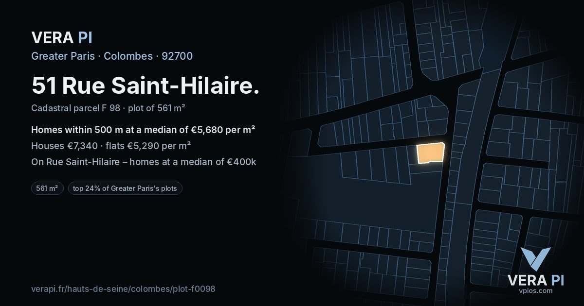 51 Rue Saint-Hilaire, Colombes at night – the plot lit, the parcels around coloured by the prices near them