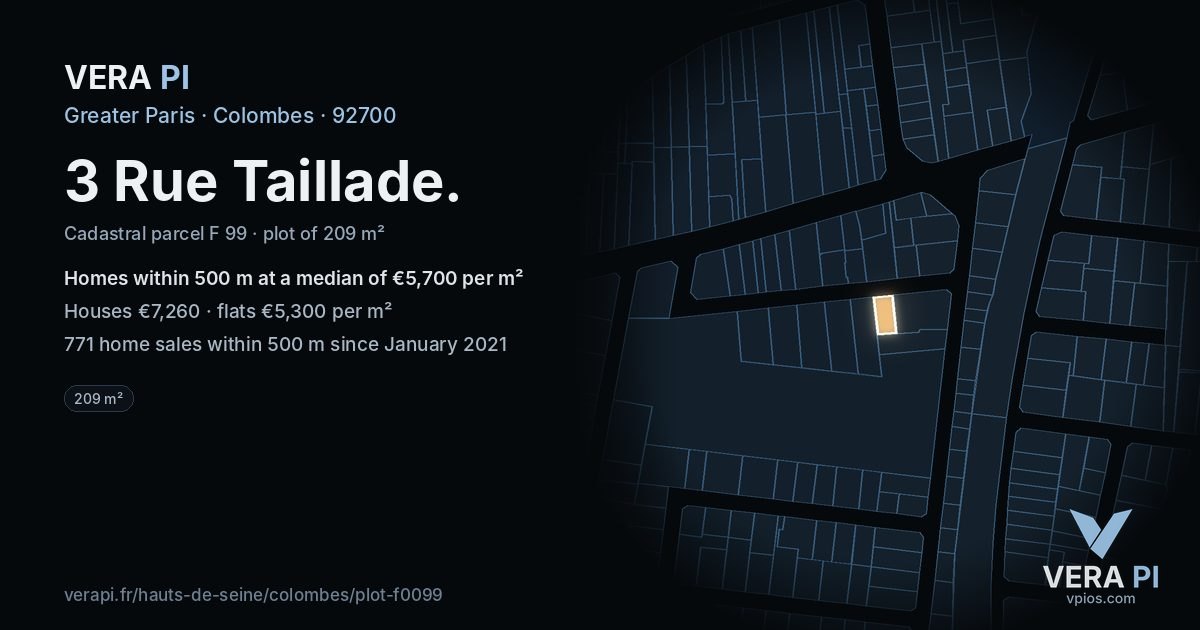 3 Rue Taillade, Colombes at night – the plot lit, the parcels around coloured by the prices near them