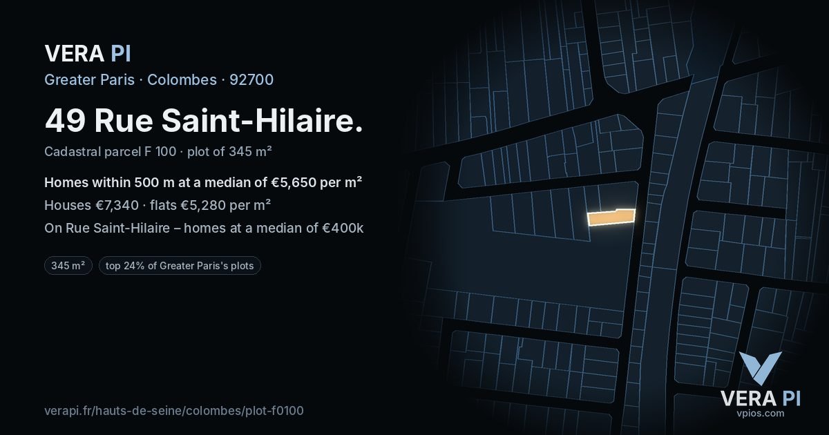 49 Rue Saint-Hilaire, Colombes at night – the plot lit, the parcels around coloured by the prices near them