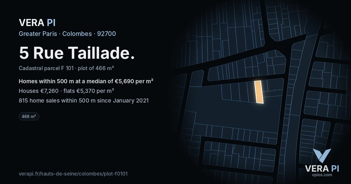 5 Rue Taillade, Colombes at night – the plot lit, the parcels around coloured by the prices near them