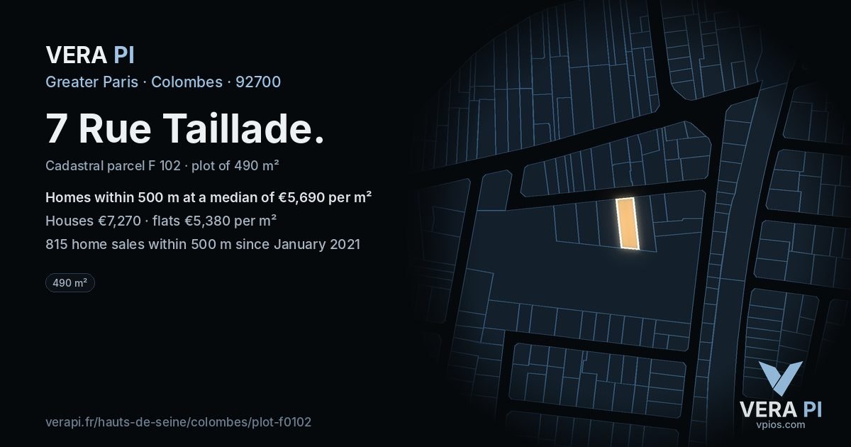 7 Rue Taillade, Colombes at night – the plot lit, the parcels around coloured by the prices near them