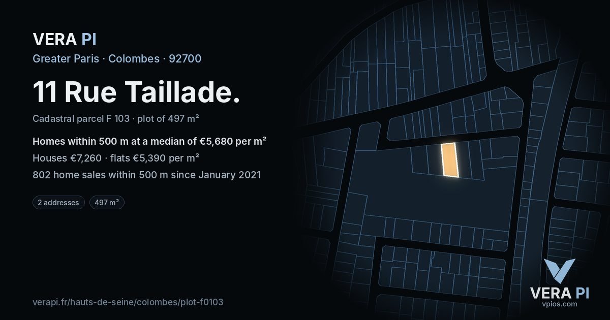 11 Rue Taillade, Colombes at night – the plot lit, the parcels around coloured by the prices near them