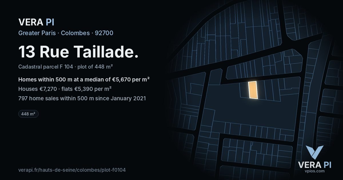 13 Rue Taillade, Colombes at night – the plot lit, the parcels around coloured by the prices near them