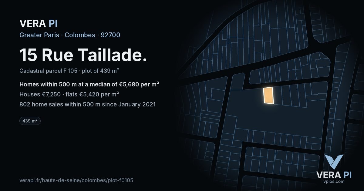 15 Rue Taillade, Colombes at night – the plot lit, the parcels around coloured by the prices near them