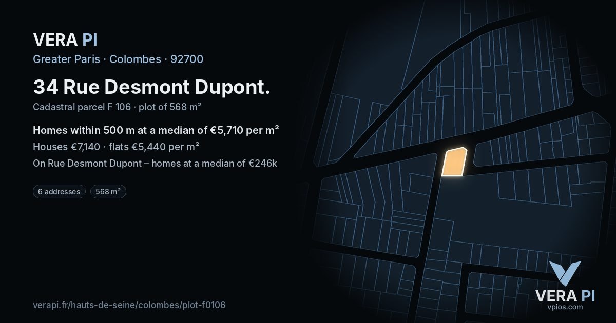 34 Rue Desmont Dupont, Colombes at night – the plot lit, the parcels around coloured by the prices near them