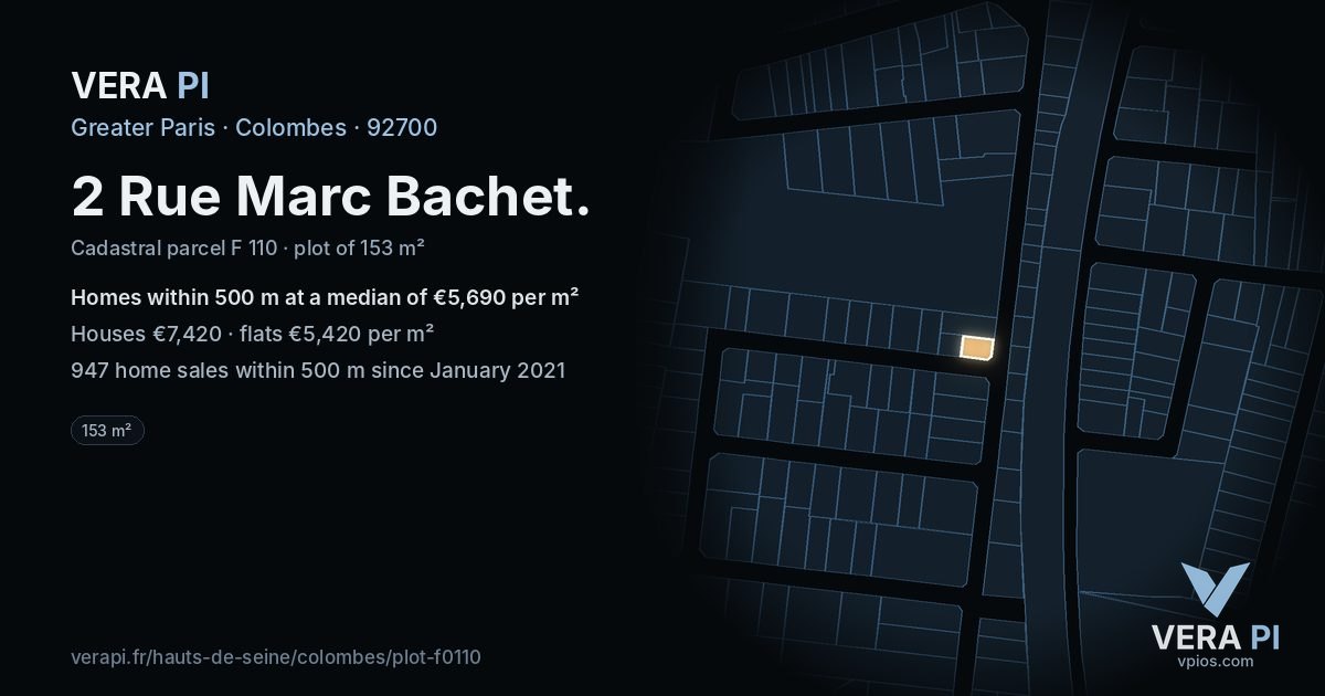 2 Rue Marc Bachet, Colombes at night – the plot lit, the parcels around coloured by the prices near them