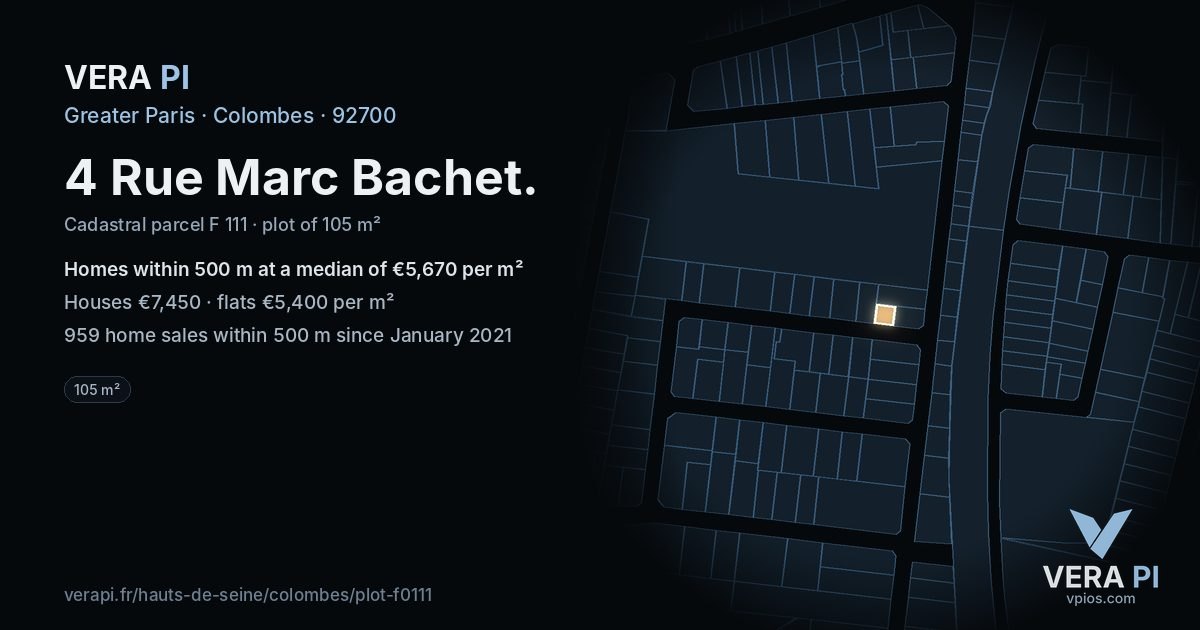 4 Rue Marc Bachet, Colombes at night – the plot lit, the parcels around coloured by the prices near them