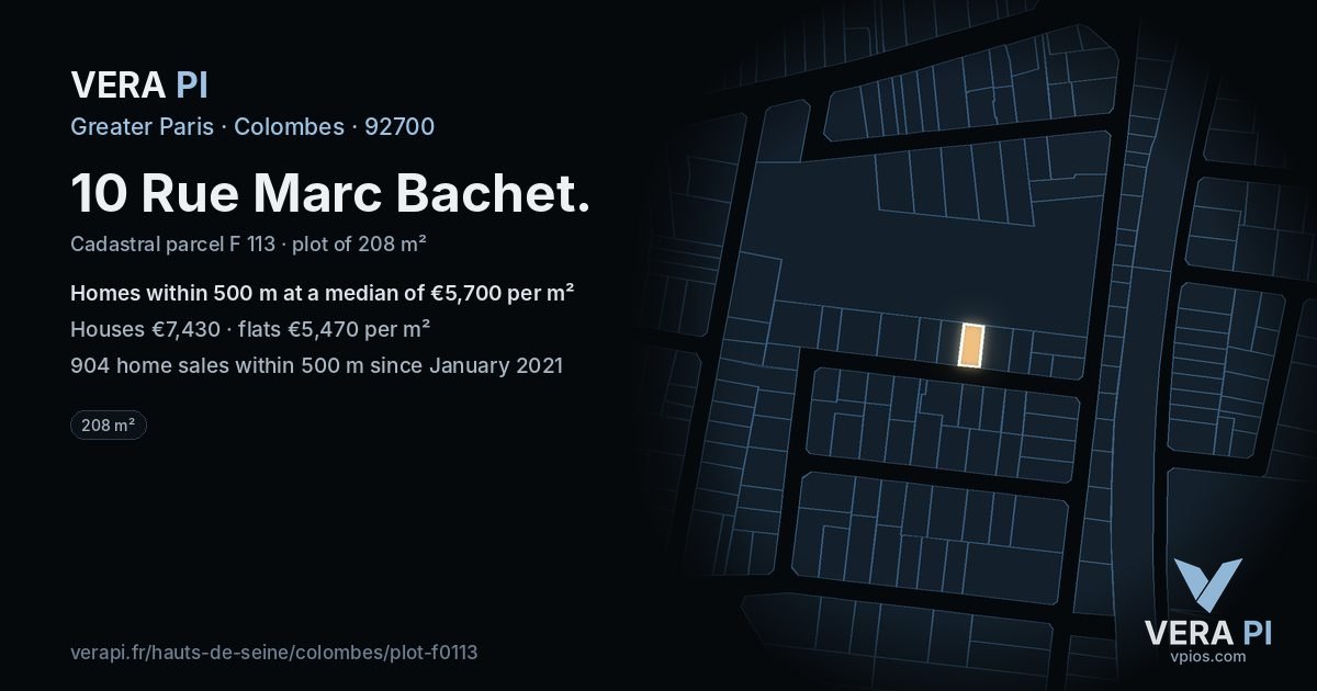 10 Rue Marc Bachet, Colombes at night – the plot lit, the parcels around coloured by the prices near them