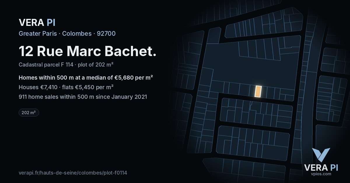 12 Rue Marc Bachet, Colombes at night – the plot lit, the parcels around coloured by the prices near them