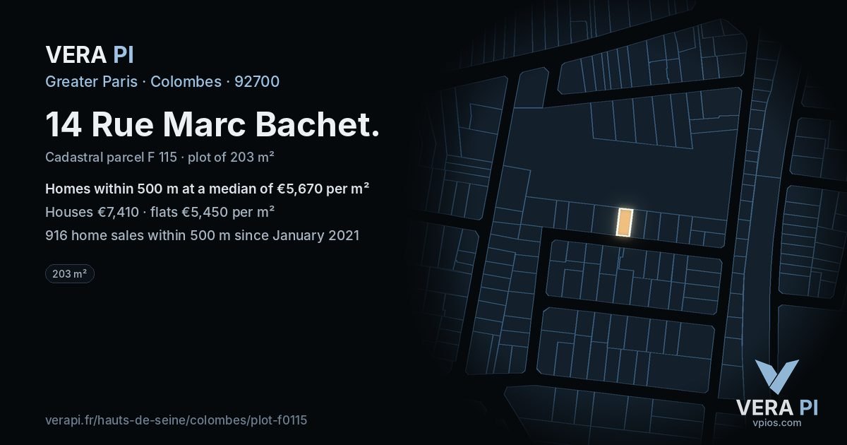 14 Rue Marc Bachet, Colombes at night – the plot lit, the parcels around coloured by the prices near them