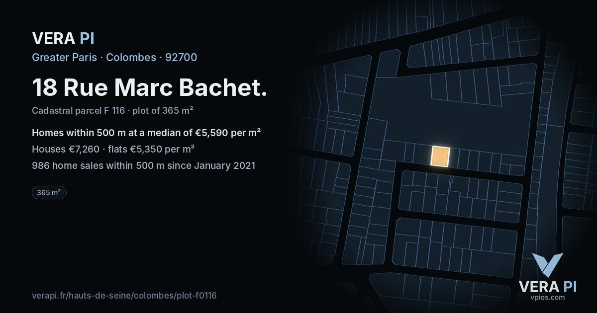 18 Rue Marc Bachet, Colombes at night – the plot lit, the parcels around coloured by the prices near them