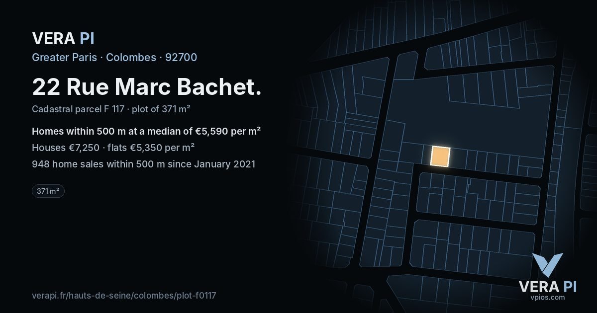 22 Rue Marc Bachet, Colombes at night – the plot lit, the parcels around coloured by the prices near them