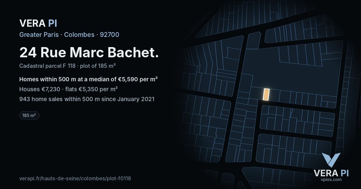 24 Rue Marc Bachet, Colombes at night – the plot lit, the parcels around coloured by the prices near them