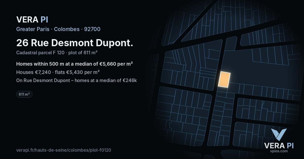 26 Rue Desmont Dupont, Colombes at night – the plot lit, the parcels around coloured by the prices near them