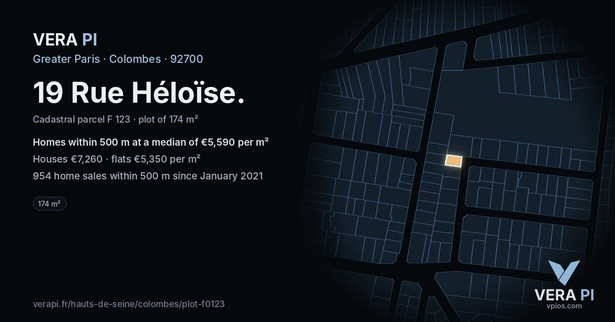 19 Rue Héloïse, Colombes at night – the plot lit, the parcels around coloured by the prices near them