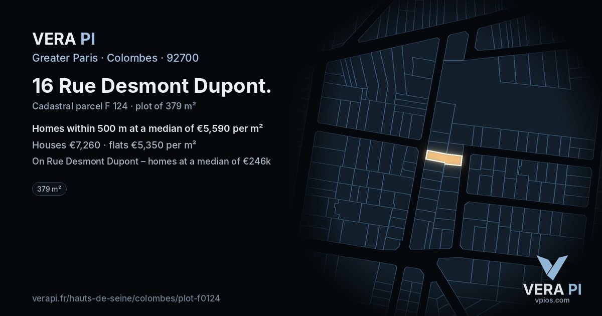 16 Rue Desmont Dupont, Colombes at night – the plot lit, the parcels around coloured by the prices near them