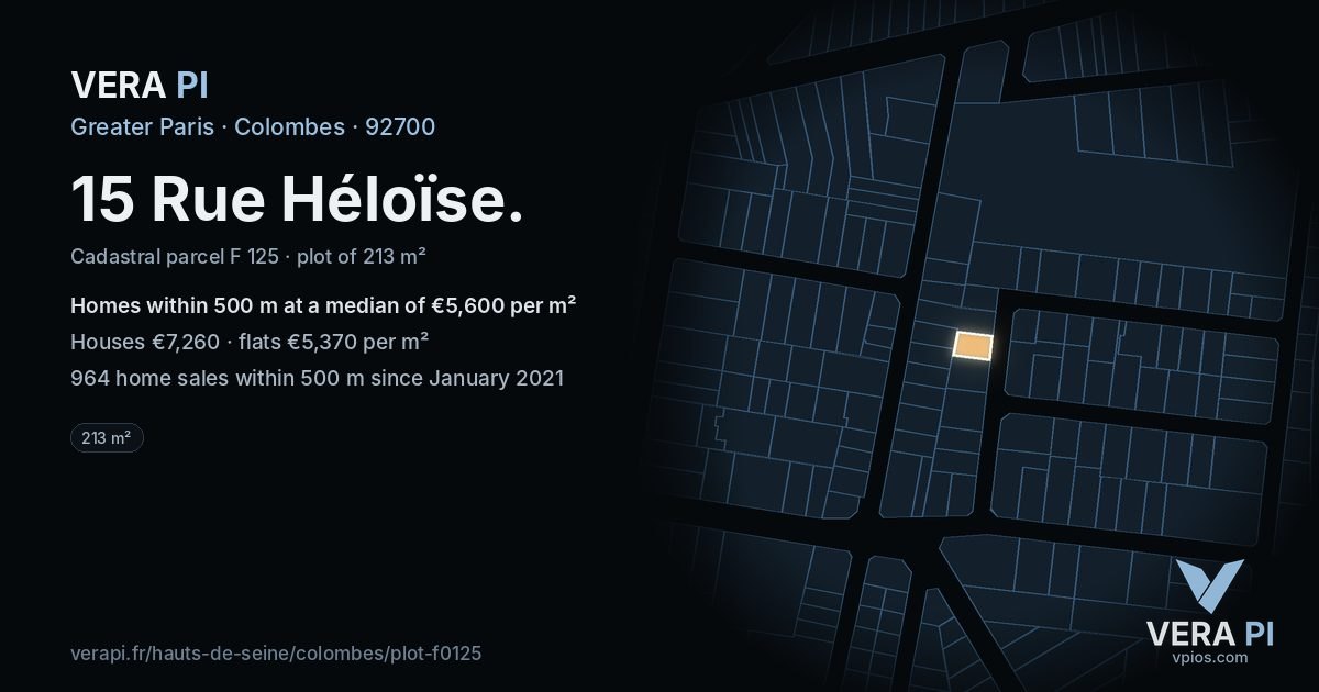 15 Rue Héloïse, Colombes at night – the plot lit, the parcels around coloured by the prices near them