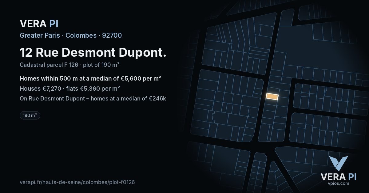 12 Rue Desmont Dupont, Colombes at night – the plot lit, the parcels around coloured by the prices near them