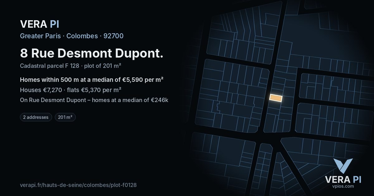 8 Rue Desmont Dupont, Colombes at night – the plot lit, the parcels around coloured by the prices near them