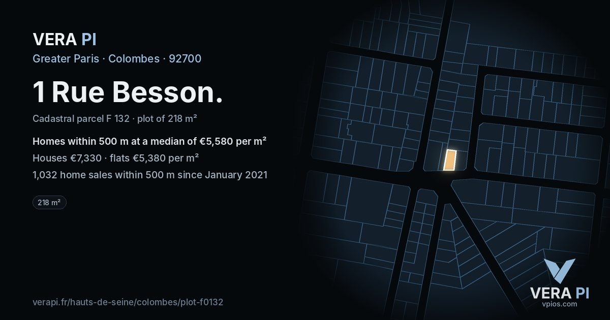 1 Rue Besson, Colombes at night – the plot lit, the parcels around coloured by the prices near them