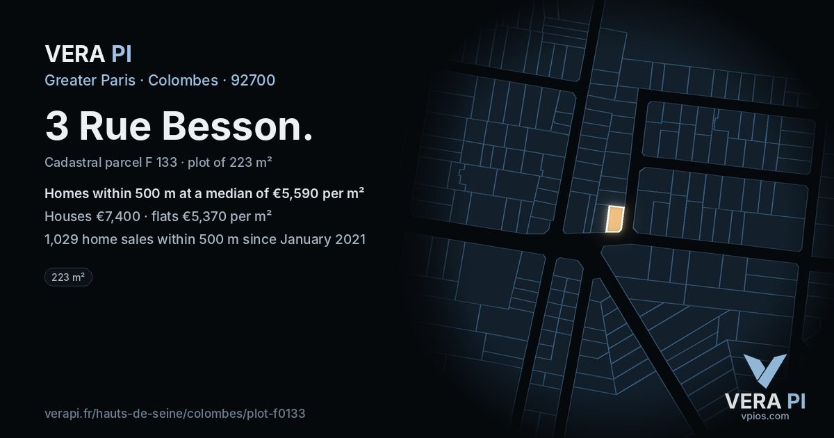 3 Rue Besson, Colombes at night – the plot lit, the parcels around coloured by the prices near them