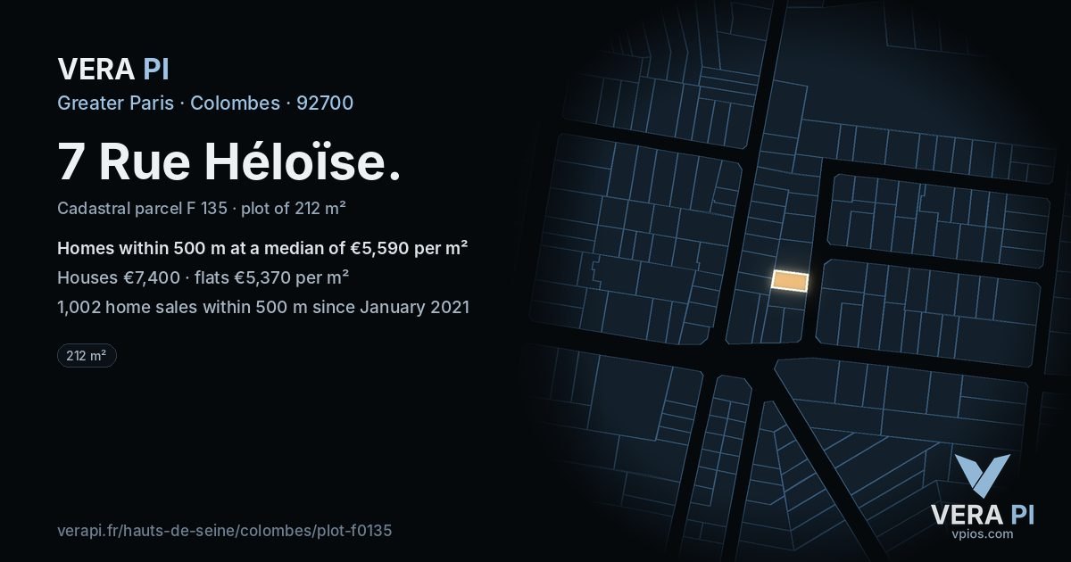 7 Rue Héloïse, Colombes at night – the plot lit, the parcels around coloured by the prices near them