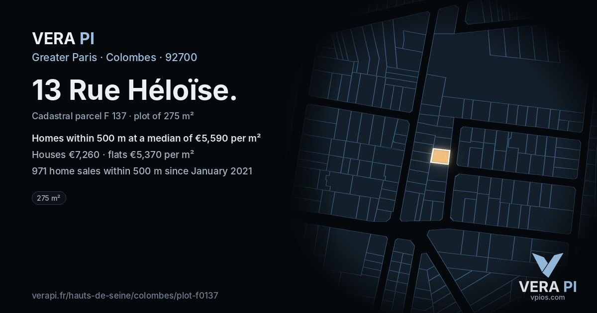 13 Rue Héloïse, Colombes at night – the plot lit, the parcels around coloured by the prices near them