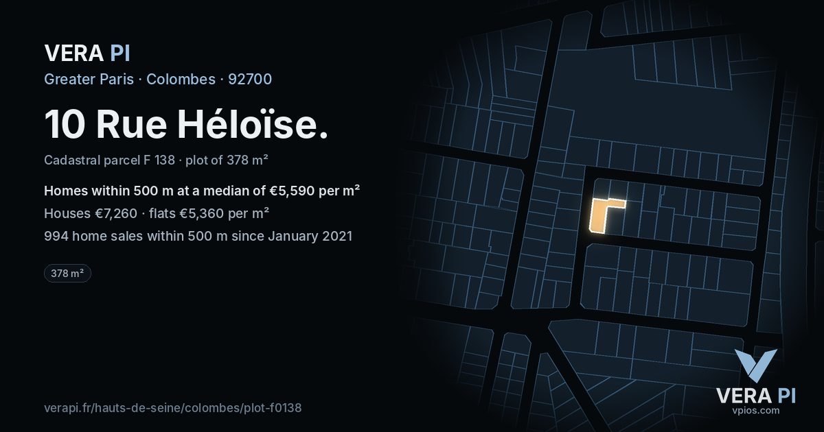 10 Rue Héloïse, Colombes at night – the plot lit, the parcels around coloured by the prices near them
