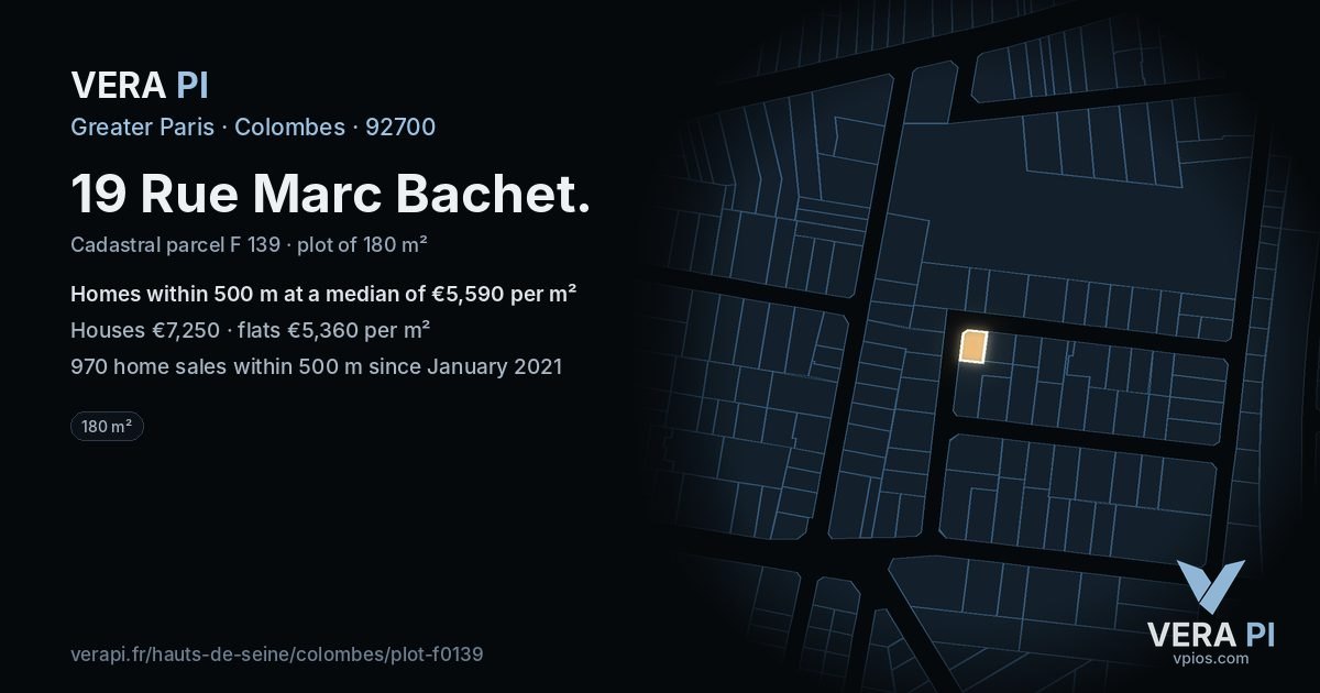 19 Rue Marc Bachet, Colombes at night – the plot lit, the parcels around coloured by the prices near them
