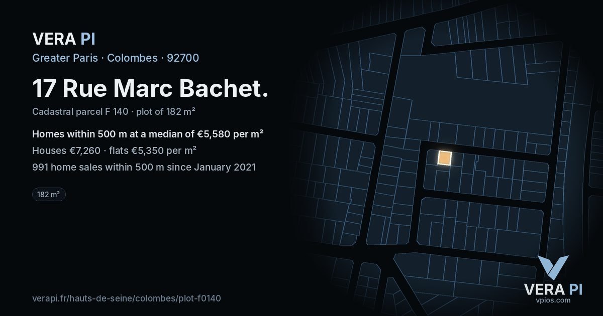 17 Rue Marc Bachet, Colombes at night – the plot lit, the parcels around coloured by the prices near them
