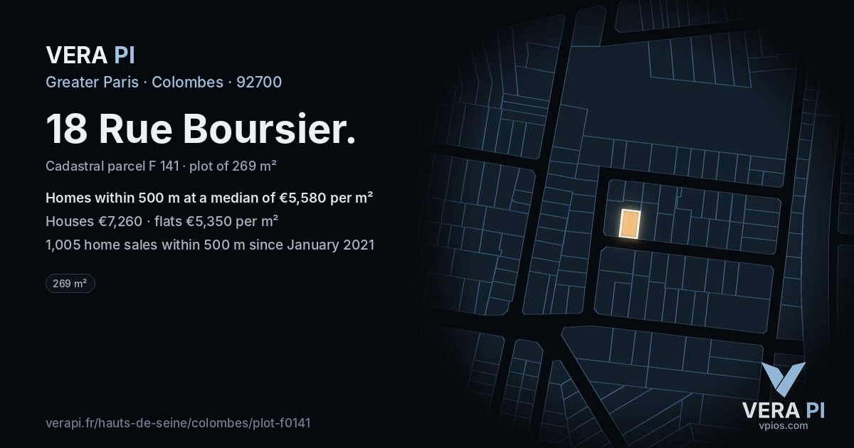 18 Rue Boursier, Colombes at night – the plot lit, the parcels around coloured by the prices near them