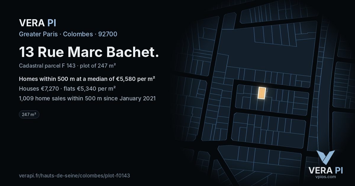 13 Rue Marc Bachet, Colombes at night – the plot lit, the parcels around coloured by the prices near them