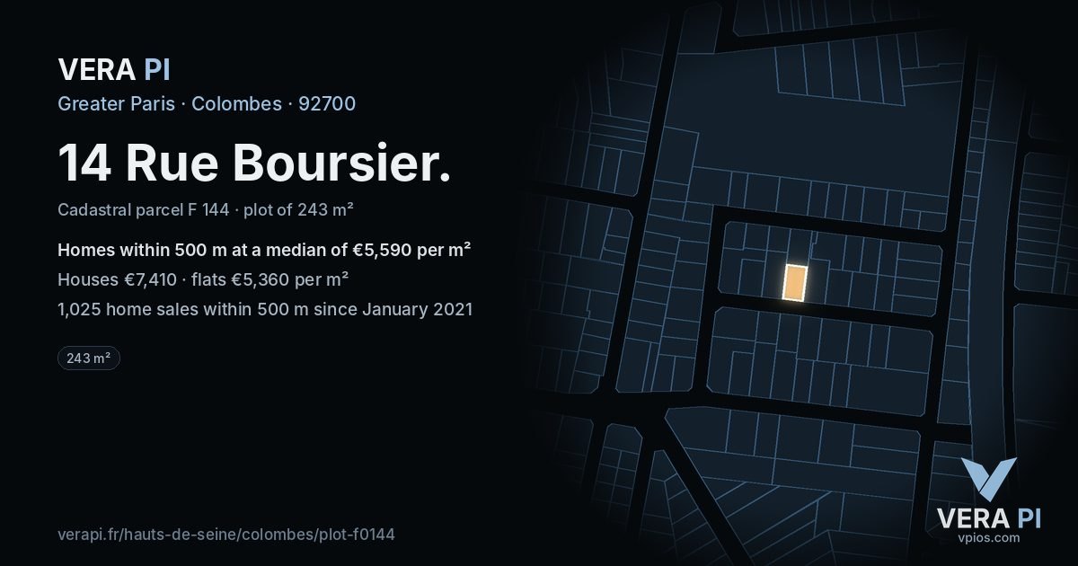 14 Rue Boursier, Colombes at night – the plot lit, the parcels around coloured by the prices near them