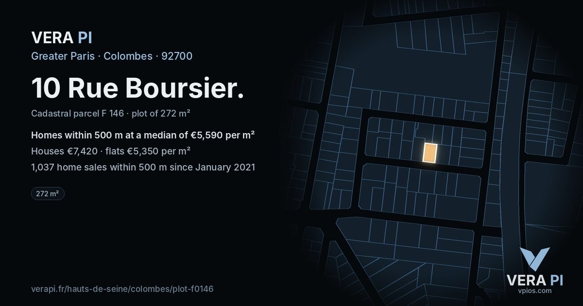 10 Rue Boursier, Colombes at night – the plot lit, the parcels around coloured by the prices near them