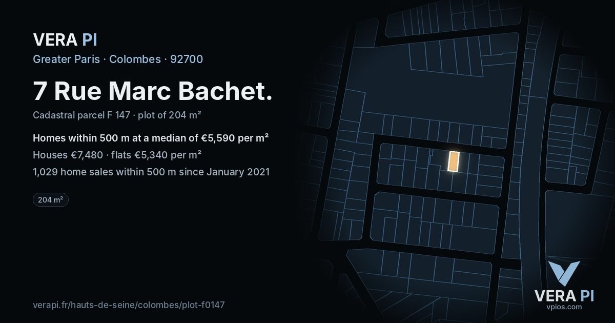 7 Rue Marc Bachet, Colombes at night – the plot lit, the parcels around coloured by the prices near them