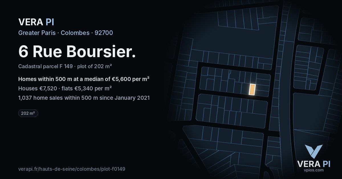 6 Rue Boursier, Colombes at night – the plot lit, the parcels around coloured by the prices near them