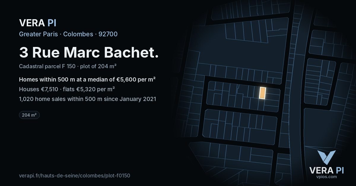 3 Rue Marc Bachet, Colombes at night – the plot lit, the parcels around coloured by the prices near them