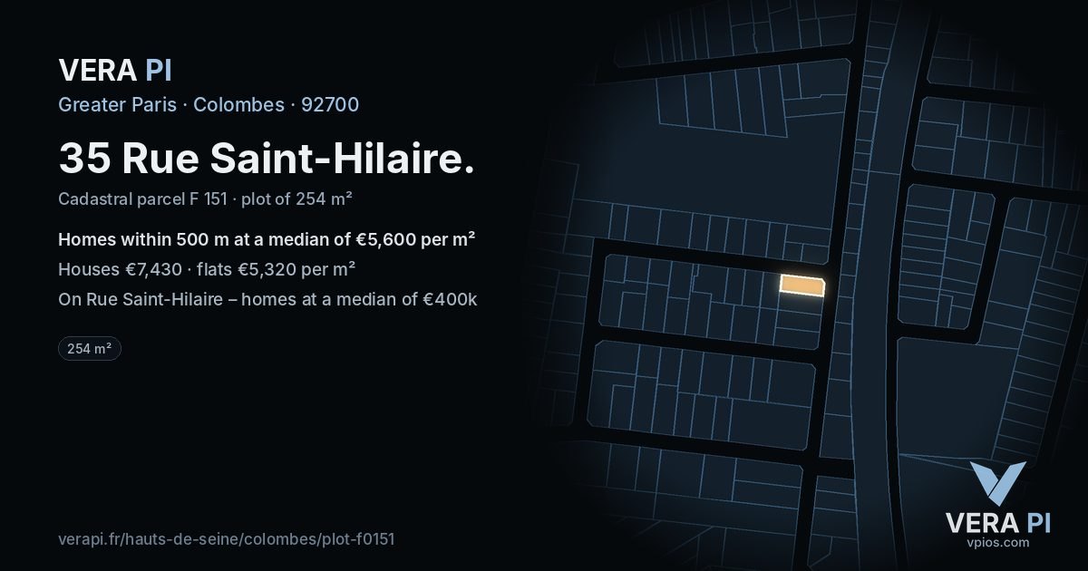 35 Rue Saint-Hilaire, Colombes at night – the plot lit, the parcels around coloured by the prices near them
