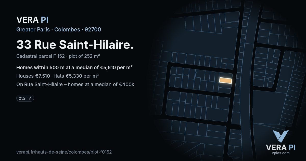 33 Rue Saint-Hilaire, Colombes at night – the plot lit, the parcels around coloured by the prices near them