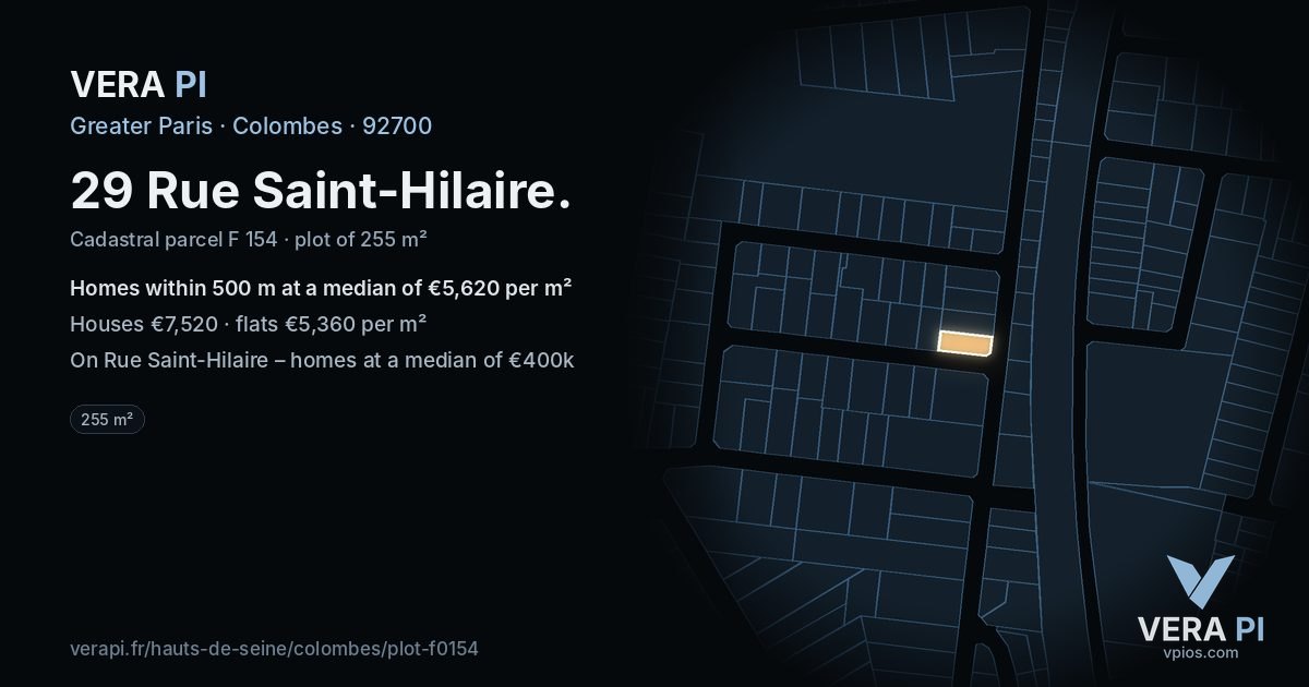 29 Rue Saint-Hilaire, Colombes at night – the plot lit, the parcels around coloured by the prices near them