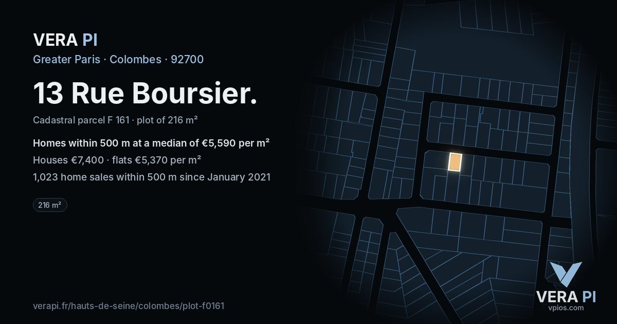 13 Rue Boursier, Colombes at night – the plot lit, the parcels around coloured by the prices near them
