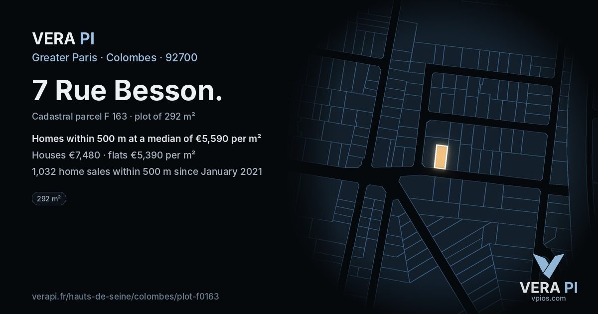 7 Rue Besson, Colombes at night – the plot lit, the parcels around coloured by the prices near them