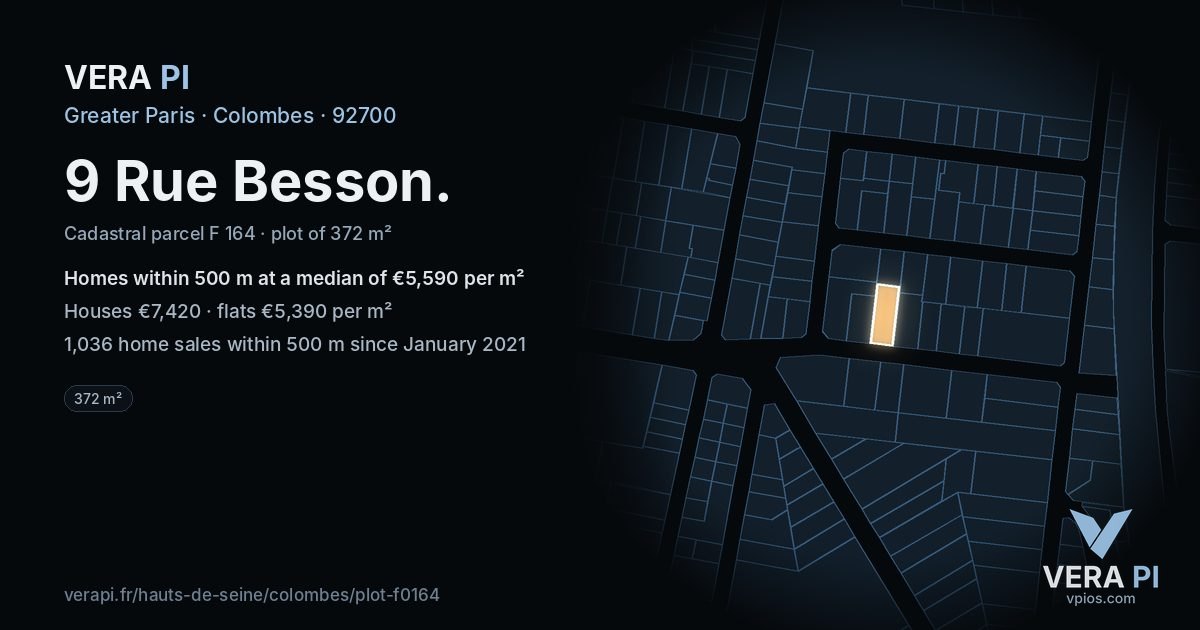 9 Rue Besson, Colombes at night – the plot lit, the parcels around coloured by the prices near them