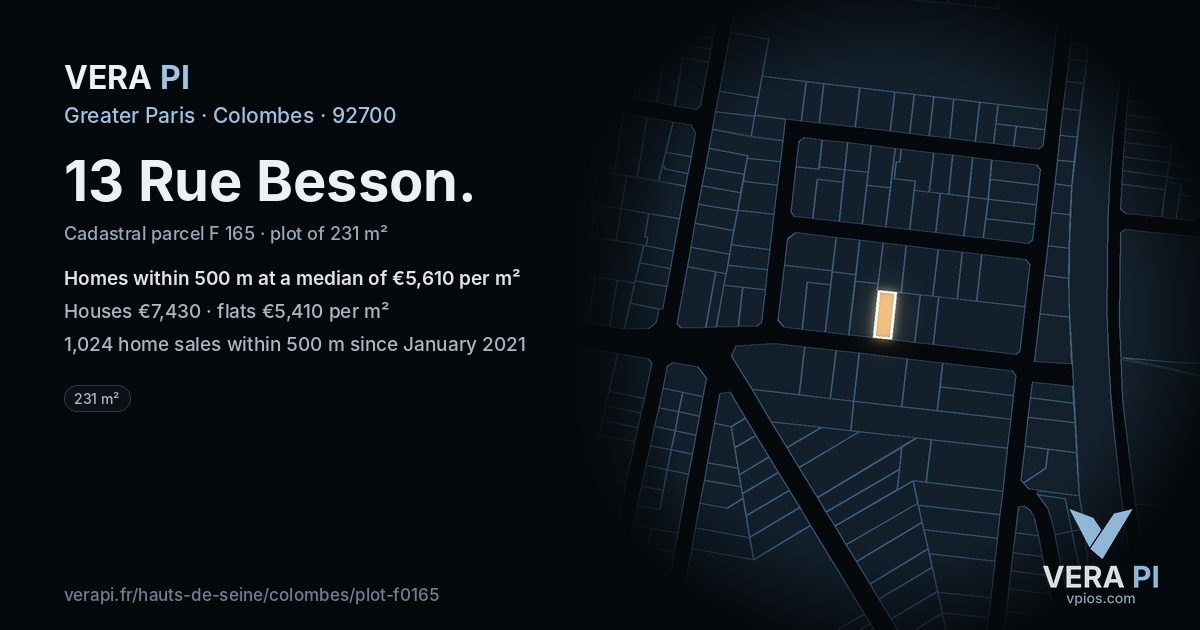 13 Rue Besson, Colombes at night – the plot lit, the parcels around coloured by the prices near them