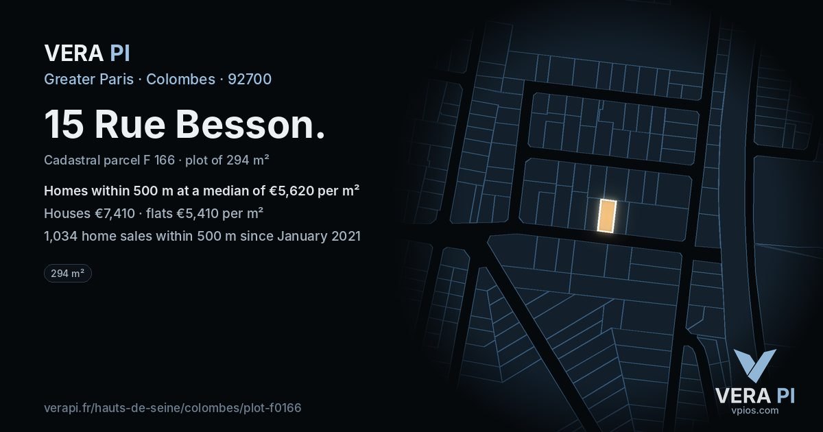 15 Rue Besson, Colombes at night – the plot lit, the parcels around coloured by the prices near them