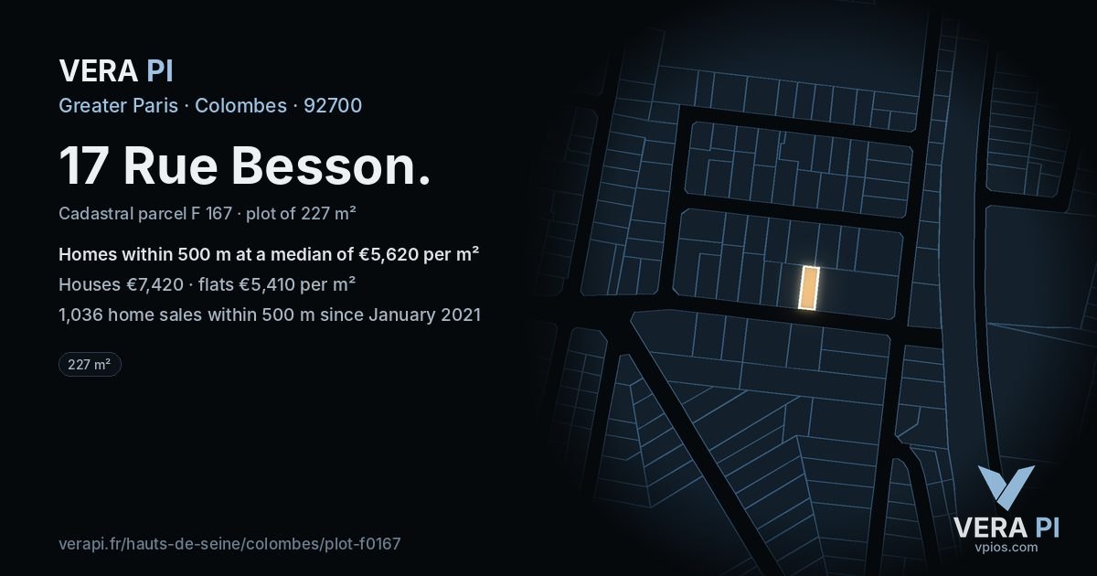 17 Rue Besson, Colombes at night – the plot lit, the parcels around coloured by the prices near them