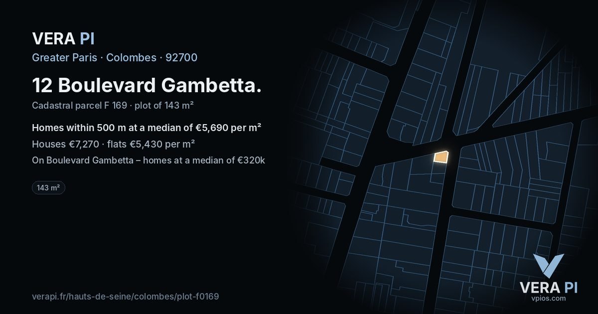 12 Boulevard Gambetta, Colombes at night – the plot lit, the parcels around coloured by the prices near them